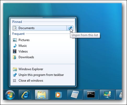 Lista szybkiego dostępu do systemu Windows 7