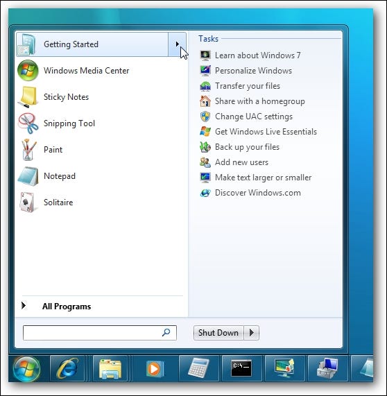 Zadania menu Start systemu Windows 7