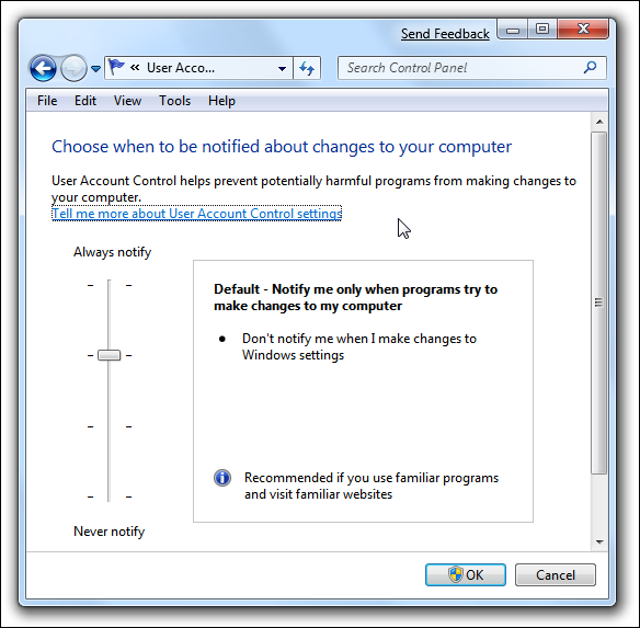 Suwak kontroli konta użytkownika w systemie Windows 7