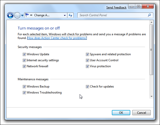 Komunikaty Centrum akcji systemu Windows 7 włączone lub wyłączone