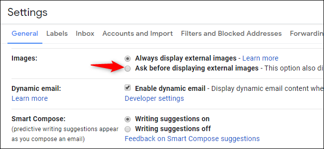 Możliwość wyłączenia zewnętrznych obrazów, a tym samym śledzenia poczty e-mail w Gmailu