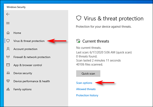 Kliknij Opcje skanowania w programie Microsoft Defender w systemie Windows 10