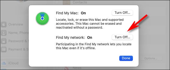 Na komputerze Mac kliknij „Wyłącz” obok „Znajdź moją sieć”.