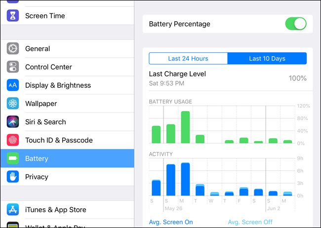 Ekran baterii iOS w Ustawieniach