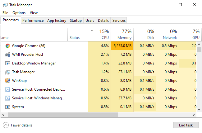 Menedżer zadań systemu Windows 10 pokazujący uruchomione procesy.