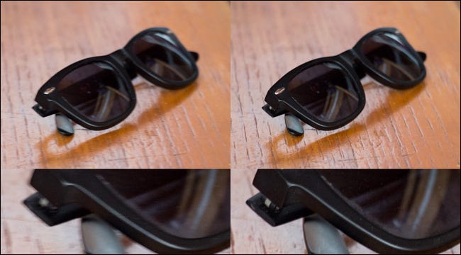Cztery obrazy pary okularów przeciwsłonecznych na stole, dwa, w przypadku których używano IS, a dwa, gdy nie było. 