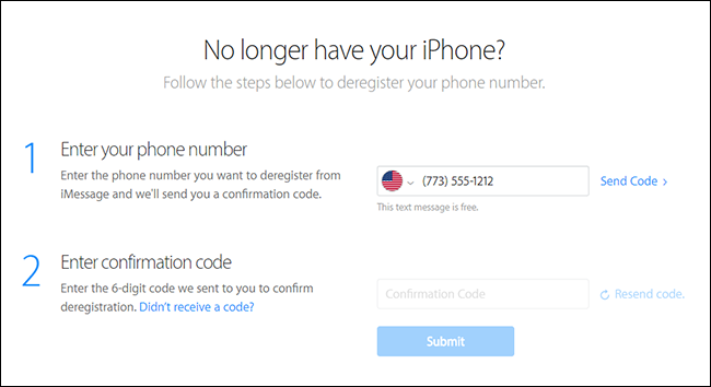 Wpisz swój numer telefonu i kod potwierdzający w witrynie samopomocy Apple, aby wyrejestrować się z iMessage.