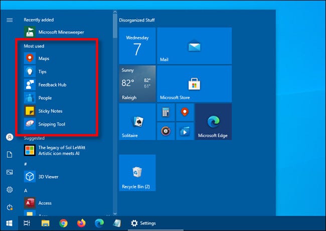Lista „Najczęściej używanych” aplikacji w menu Start systemu Windows 10