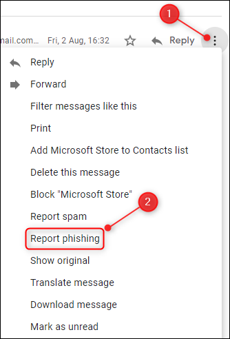 Kliknij trzy kropki, a następnie wybierz „Zgłoś phishing”.