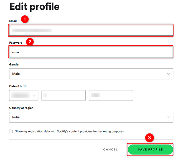 Wprowadź nowy adres e-mail, wpisz hasło i kliknij „Zapisz profil”.