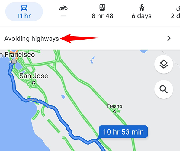 Trasy bez autostrad w Mapach Google.