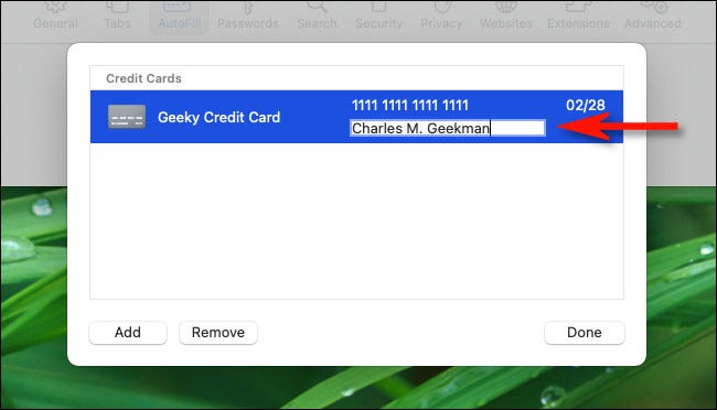 Kliknij pole wpisu karty kredytowej, aby je edytować.